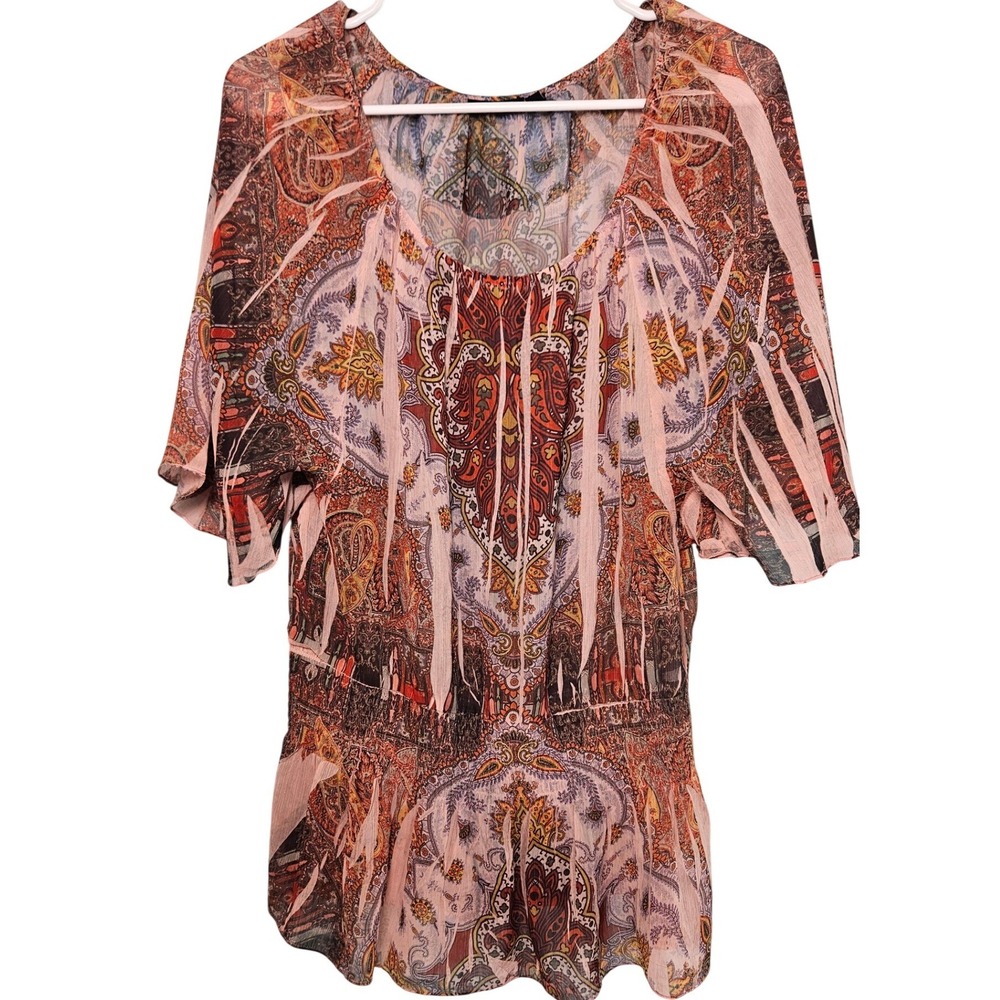 Apt 9 Sheer Paisley Medallion Smocked Peplum Blouse Top Large Boho Festival